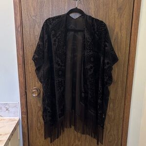Black Floral Kimono with Fringe